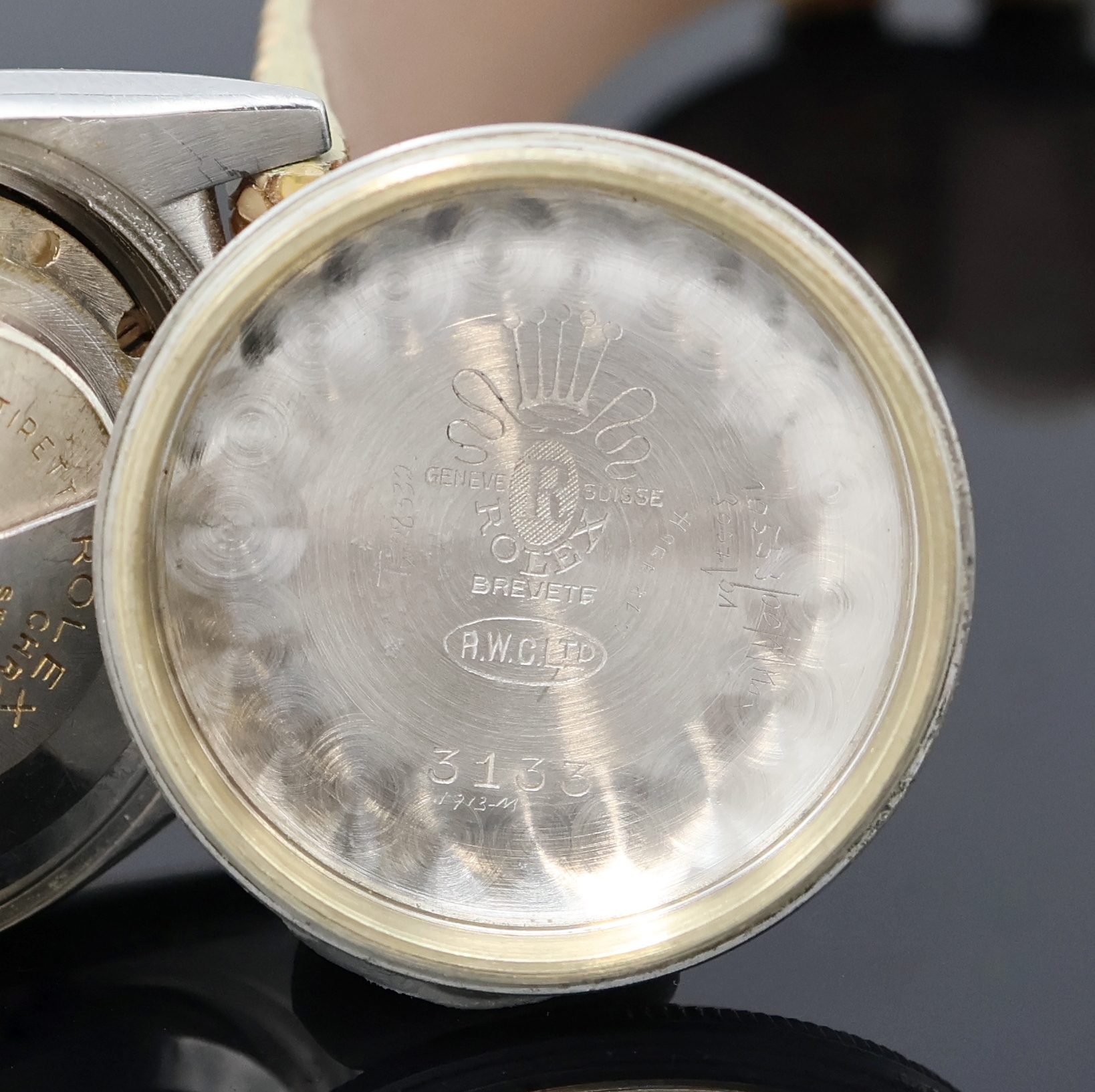 Detail g: ROLEX Oyster Perpetual Bubble Back Chronometer Armbanduhr Referenz 3133, Schweiz um 1947, Automatik, Edelstahlgeh., Boden u. Krone verschr., ...