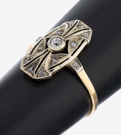 Image 14 kt Gold Diamant-Ring, um 1920, GG/WG 585/000, durchbrochen gearbeitet, 1 ...