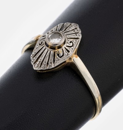 Image 14 kt Gold Diamant-Ring, um 1920, GG 585/000, Ringkopf durchbrochen, schauseitig ...
