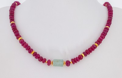 Image Rubin-Aquamarin-Collier, S-Schließe und Zwischenrondelle Metall vergoldet, Rubin- ...