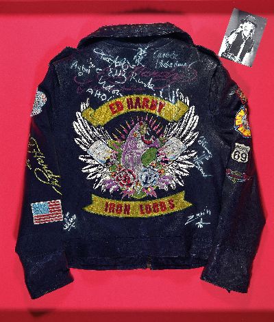 Image Udo Lindenberg, geb. 1946, Ed Hardy Lederjacke mit Unterschriften von Udo Lindenberg, ...
