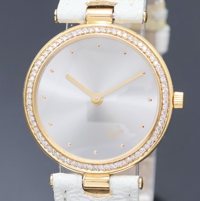 27048069a - BUNZ Damenarmbanduhr mit Diamantbesatz in GG 750/000, quarz, orig. Lederband m. ...