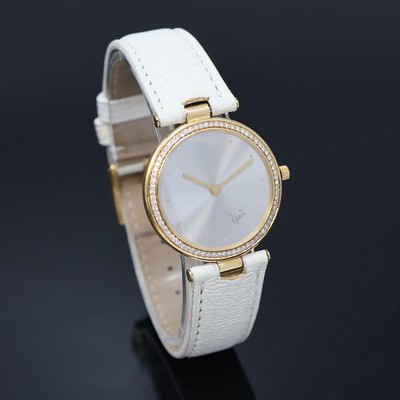 27048069b - BUNZ Damenarmbanduhr mit Diamantbesatz in GG 750/000, quarz, orig. Lederband m. ...