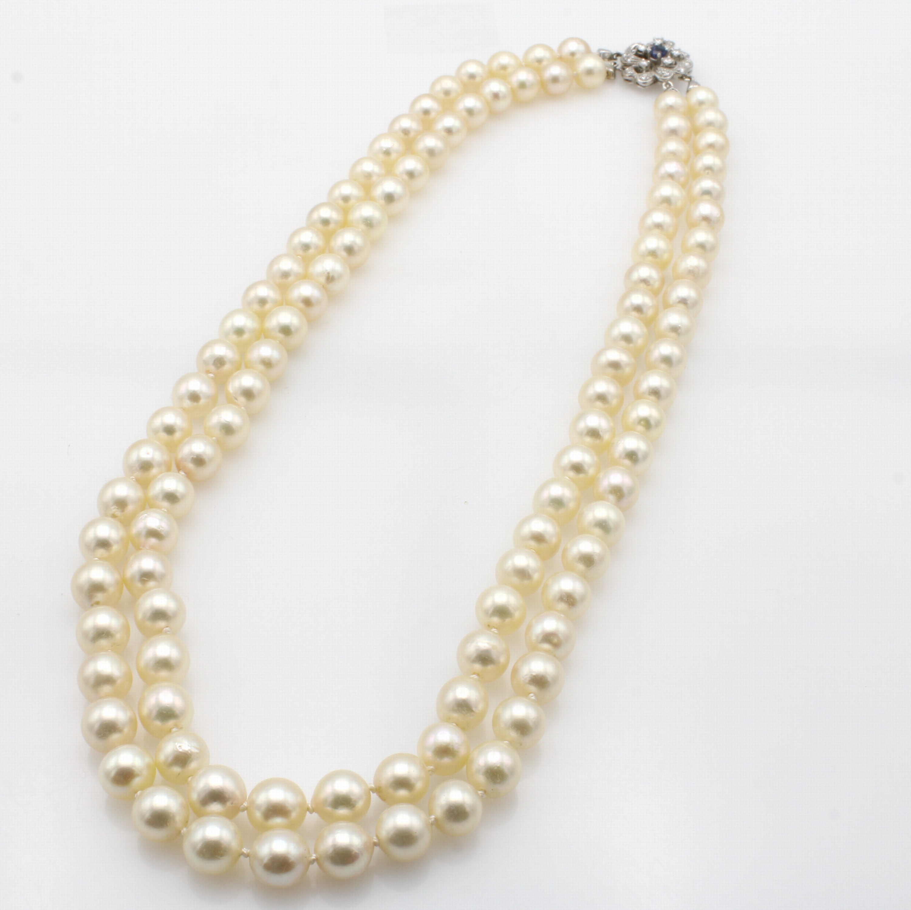 Image 27048106 - 2-reihige Süßwasserzuchtperlenkette mit Brillanten und Saphir, WG 750/000, Saphir ca. ...
