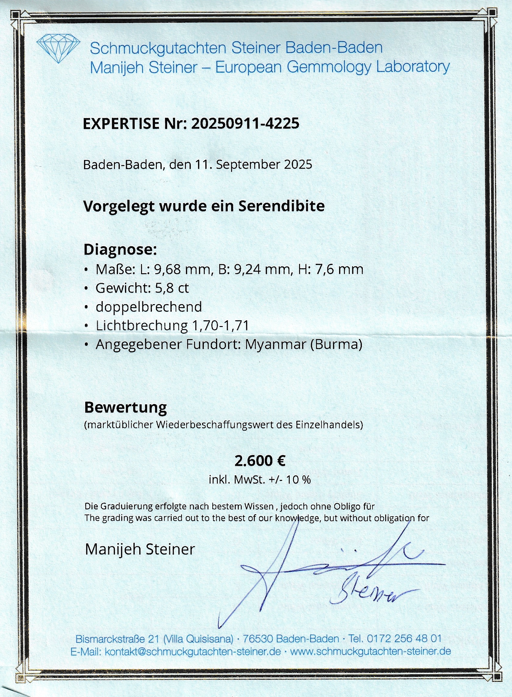 Detail b: Loser Serendibit, 5.184 ct, 9.68 x 9.24 x 7.60 mm, Herkunft Myanmar (Burma), AGL -Expertise anbei, Wertgutachten 2600 EUR anbei