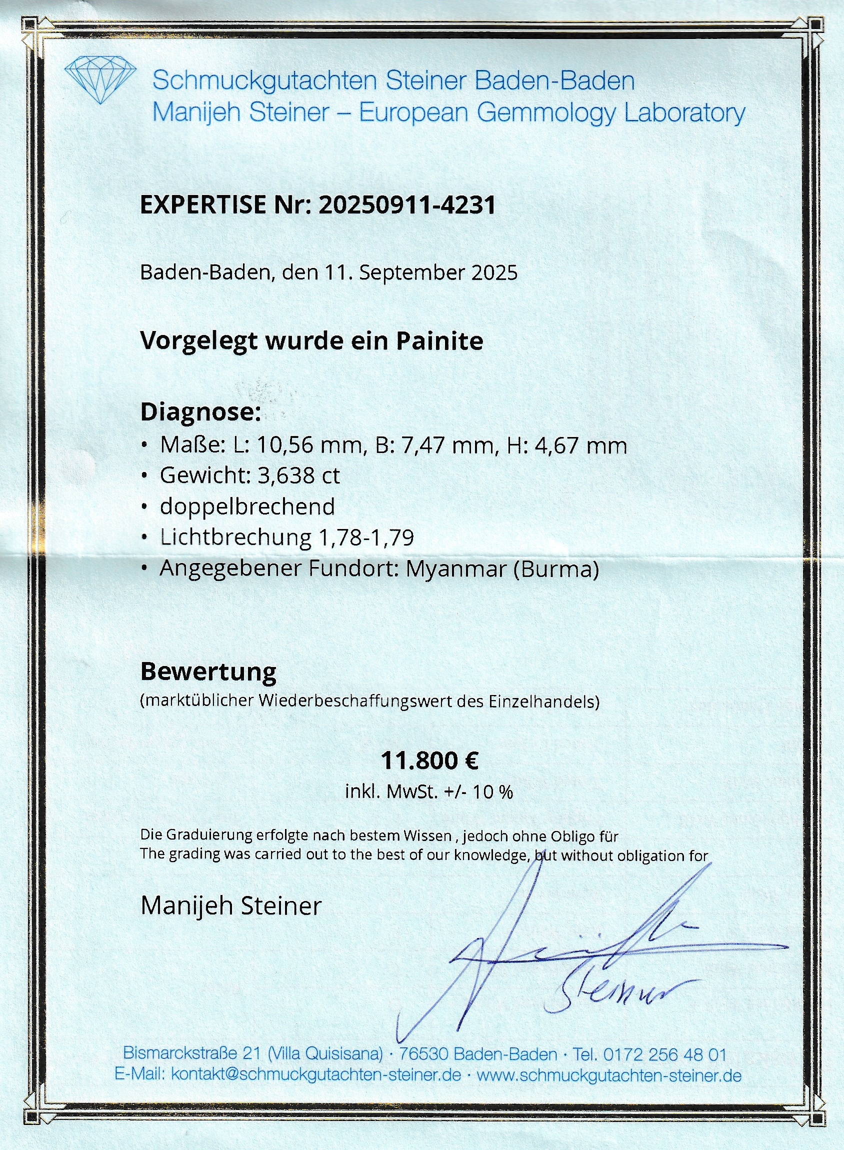 Detail d: Loser Painit, 3.638 ct, 10.56 x 7.47 x 4.67 mm, Ausbruch, Herkunft Myanmar, Cushion Cut, AGL -Expertise anbei, Wertgutachten über 11800EUR anbei