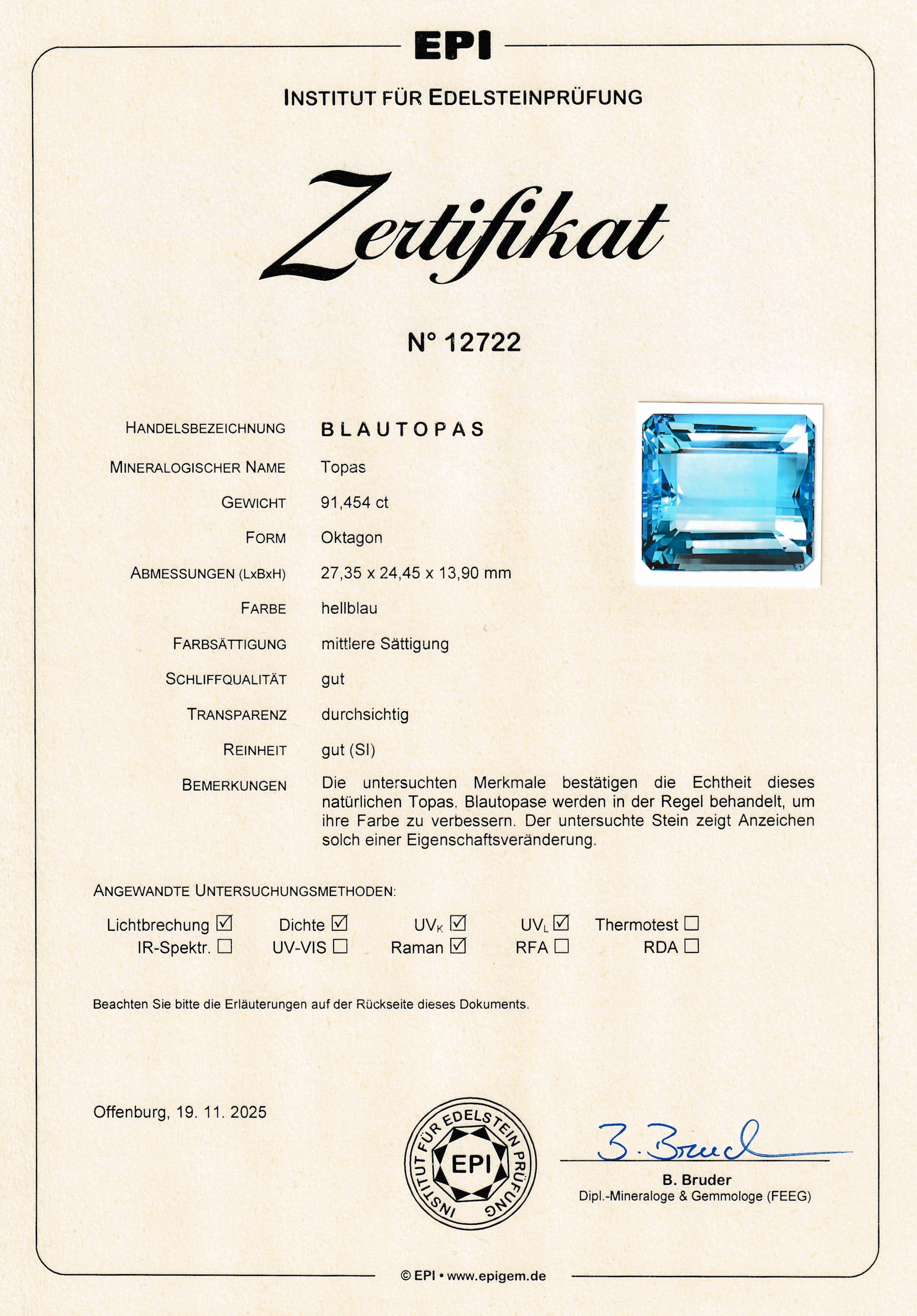 Detail c: Loser Topas, 91.454 ct, Treppenschliff, ca. 27.28 x 24.37 x 13.90 mm, behandelt, schöne Farbe, EPI-Zertifikat und Wertgutachten über 3200-3660 EUR ...