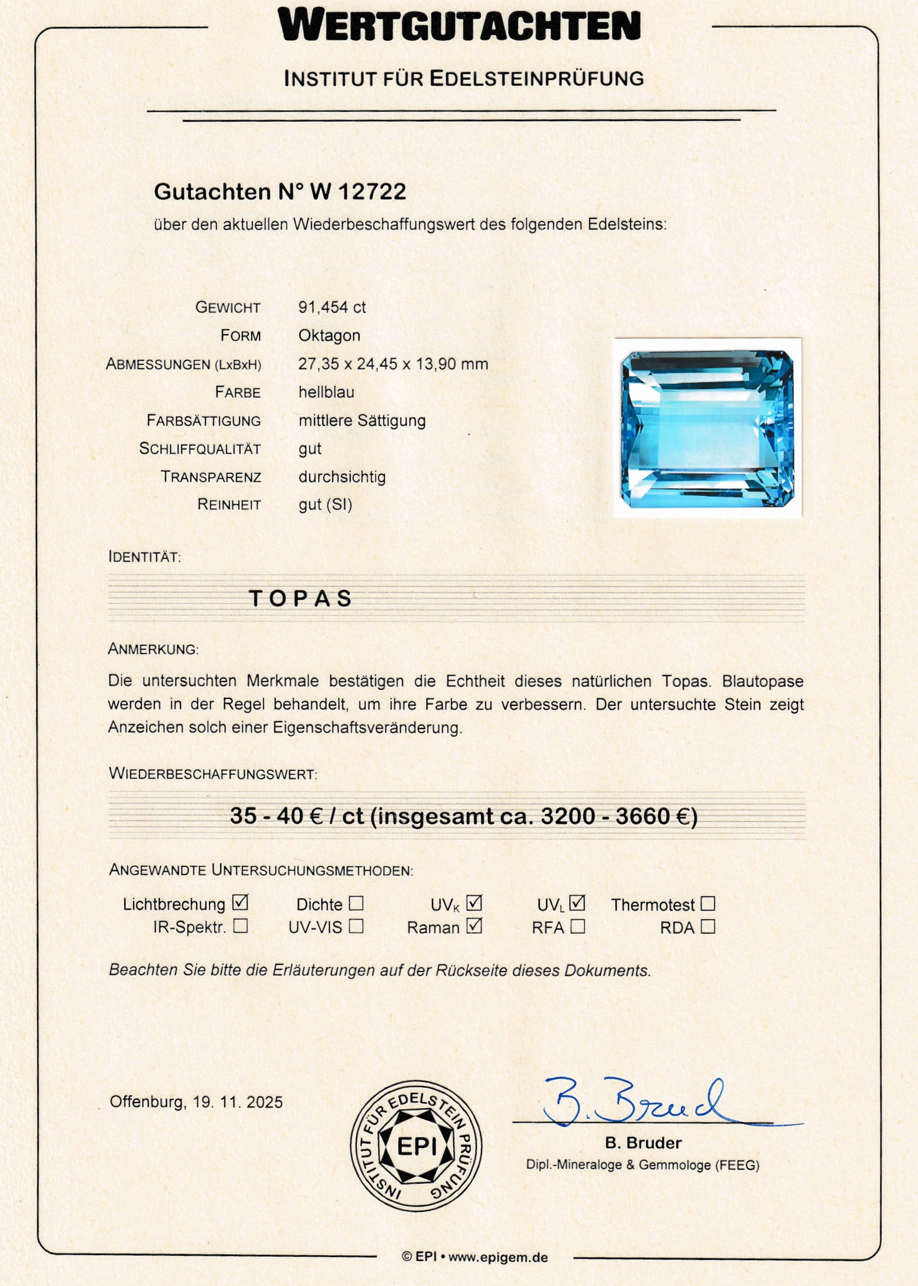 Detail d: Loser Topas, 91.454 ct, Treppenschliff, ca. 27.28 x 24.37 x 13.90 mm, behandelt, schöne Farbe, EPI-Zertifikat und Wertgutachten über 3200-3660 EUR ...