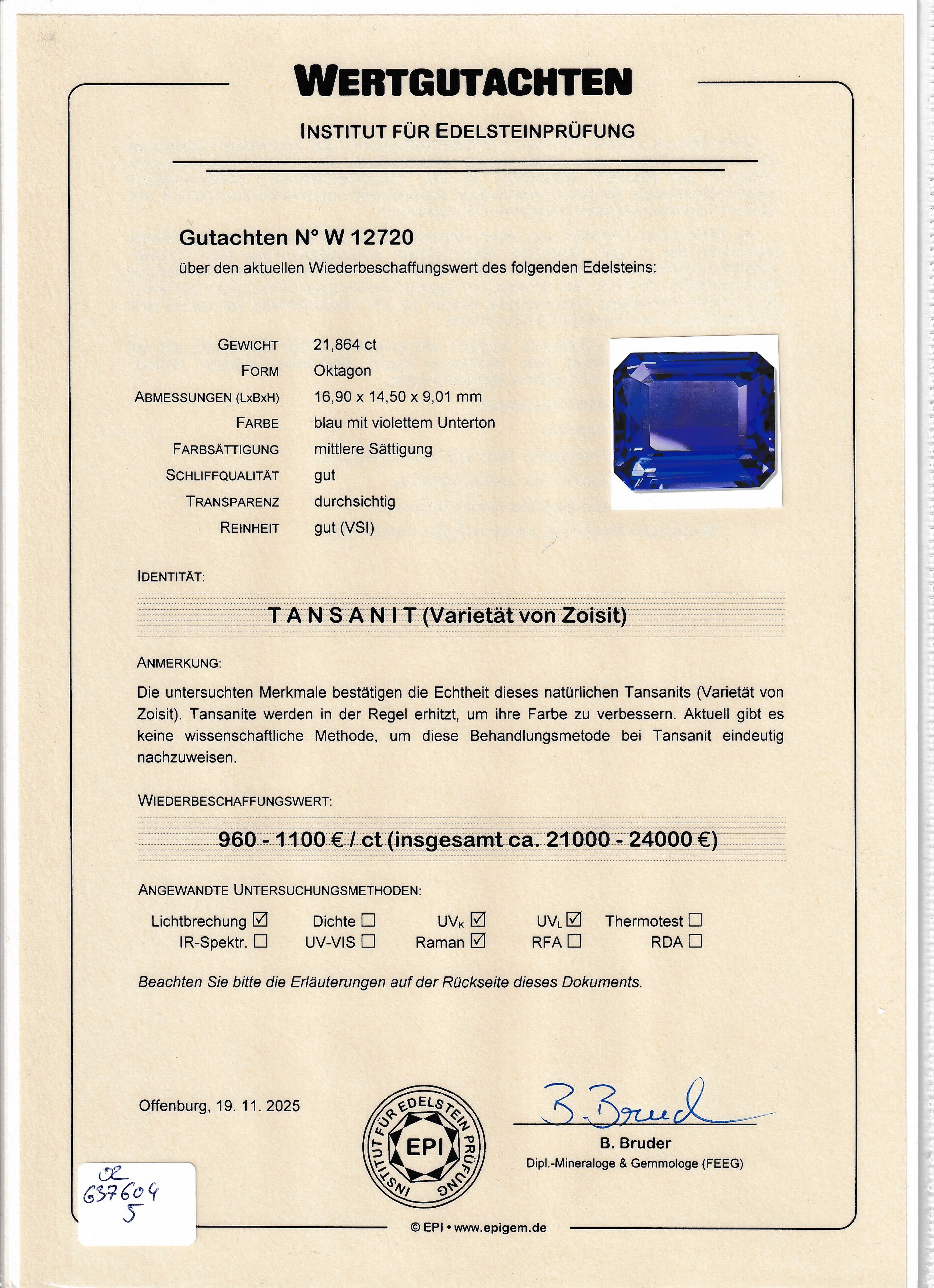 Detail c: Loser Tansanit, 21.864 ct, oktagonaler Treppenschliff, 16.90 x 14.50 x 9.01 mm, Reinheit vsi, hervorragende Farbe, EPI Zertifikat und Wertgutachten ...