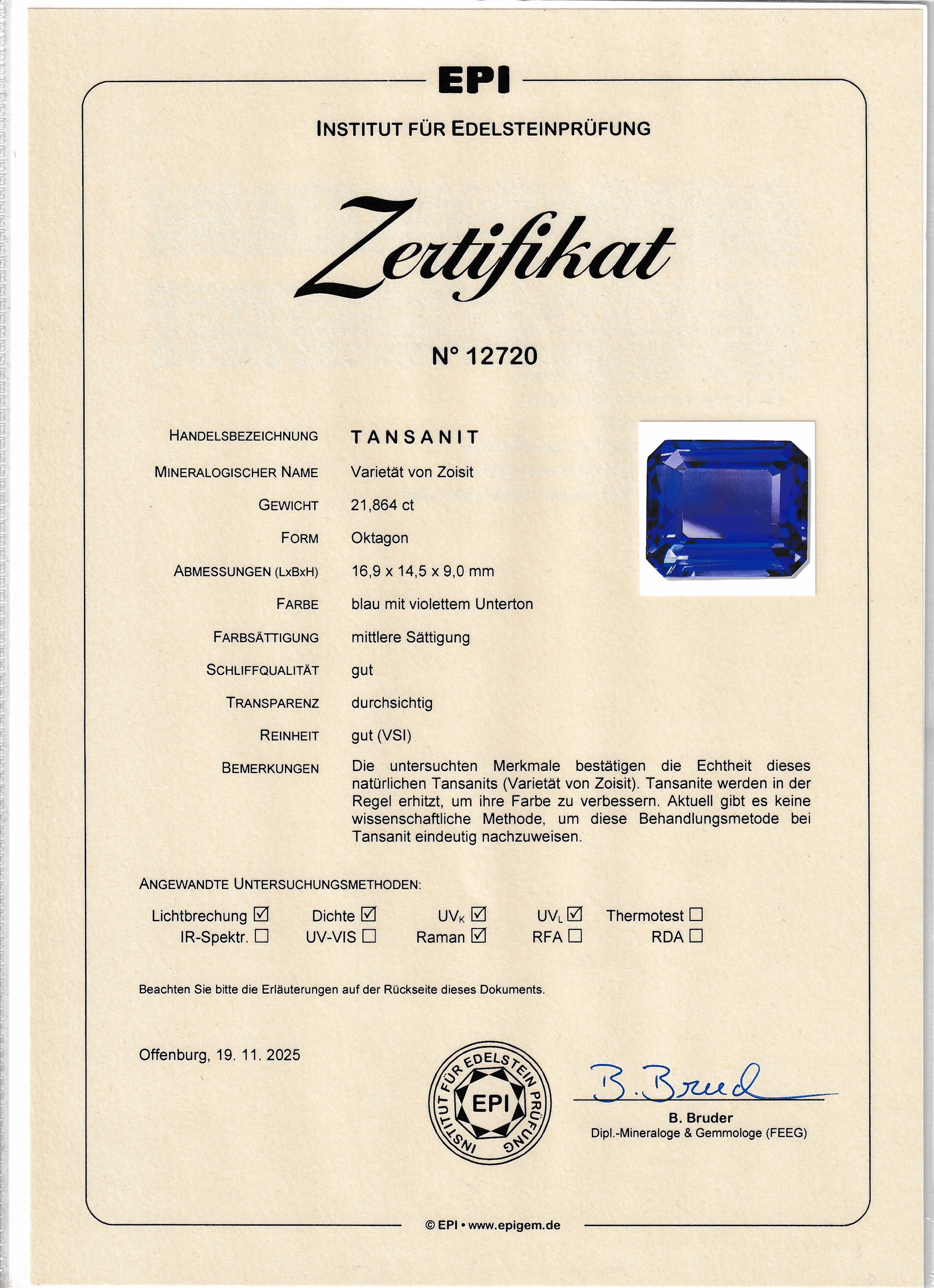 Detail d: Loser Tansanit, 21.864 ct, oktagonaler Treppenschliff, 16.90 x 14.50 x 9.01 mm, Reinheit vsi, hervorragende Farbe, EPI Zertifikat und Wertgutachten ...