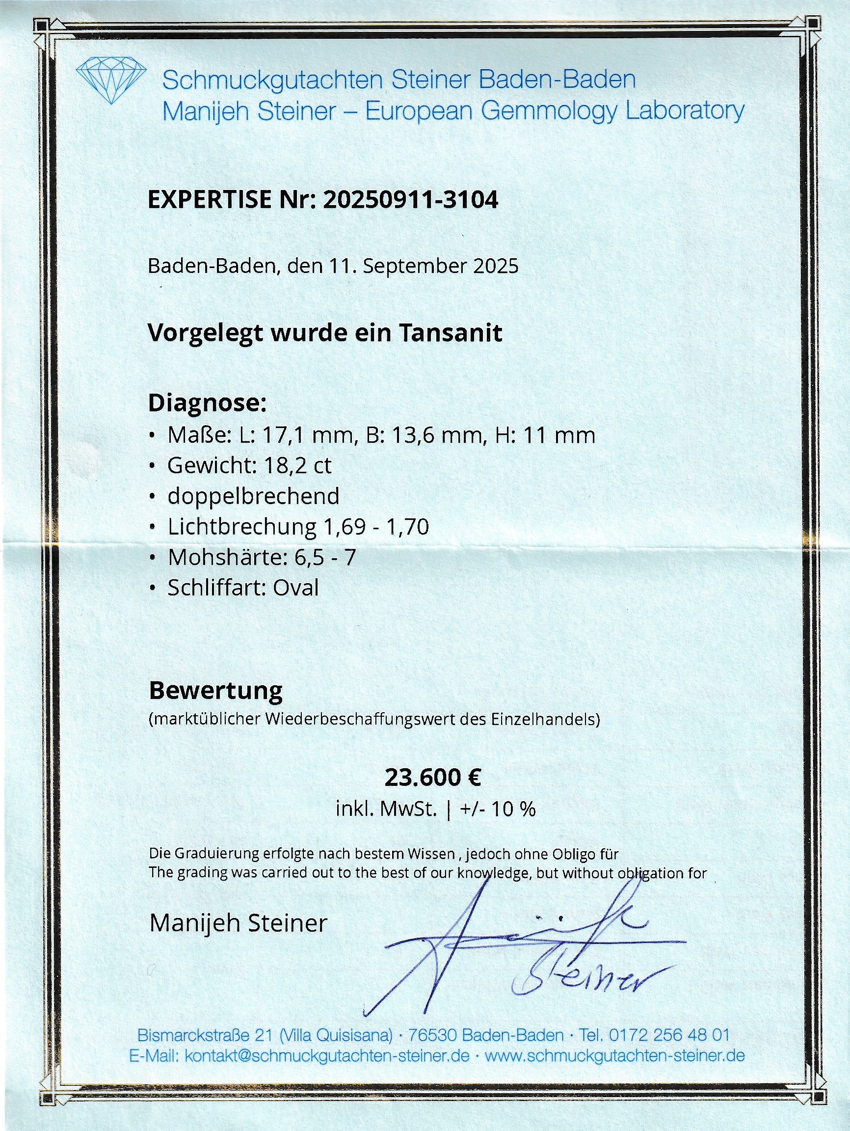 Detail d: Loser Tansanit, 18.2 ct, ovalfacett., 17.1 x 13.6 x 11 mm, sehr schöne Farbe, Wertgutachtenüber 23600 Euro anbei