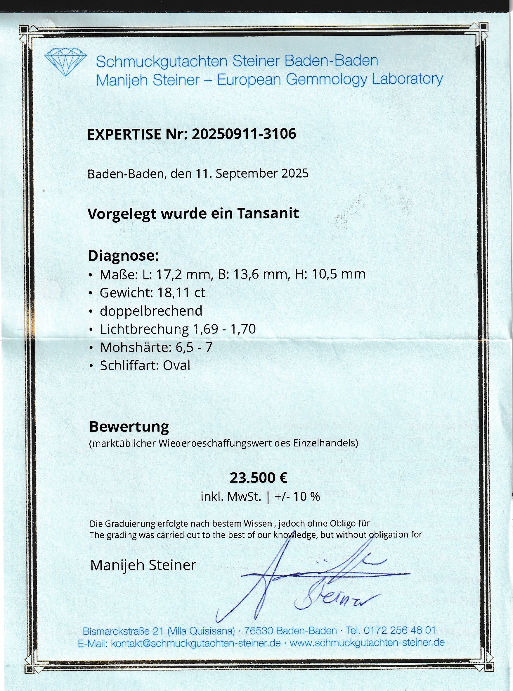 Detail d: Loser Tansanit, 18.11 ct, 13.59 x 17.10 x 10.45 mm, ovalfacett., sehr schöne Farbe, Wertgutachten über 23500 EUR anbei