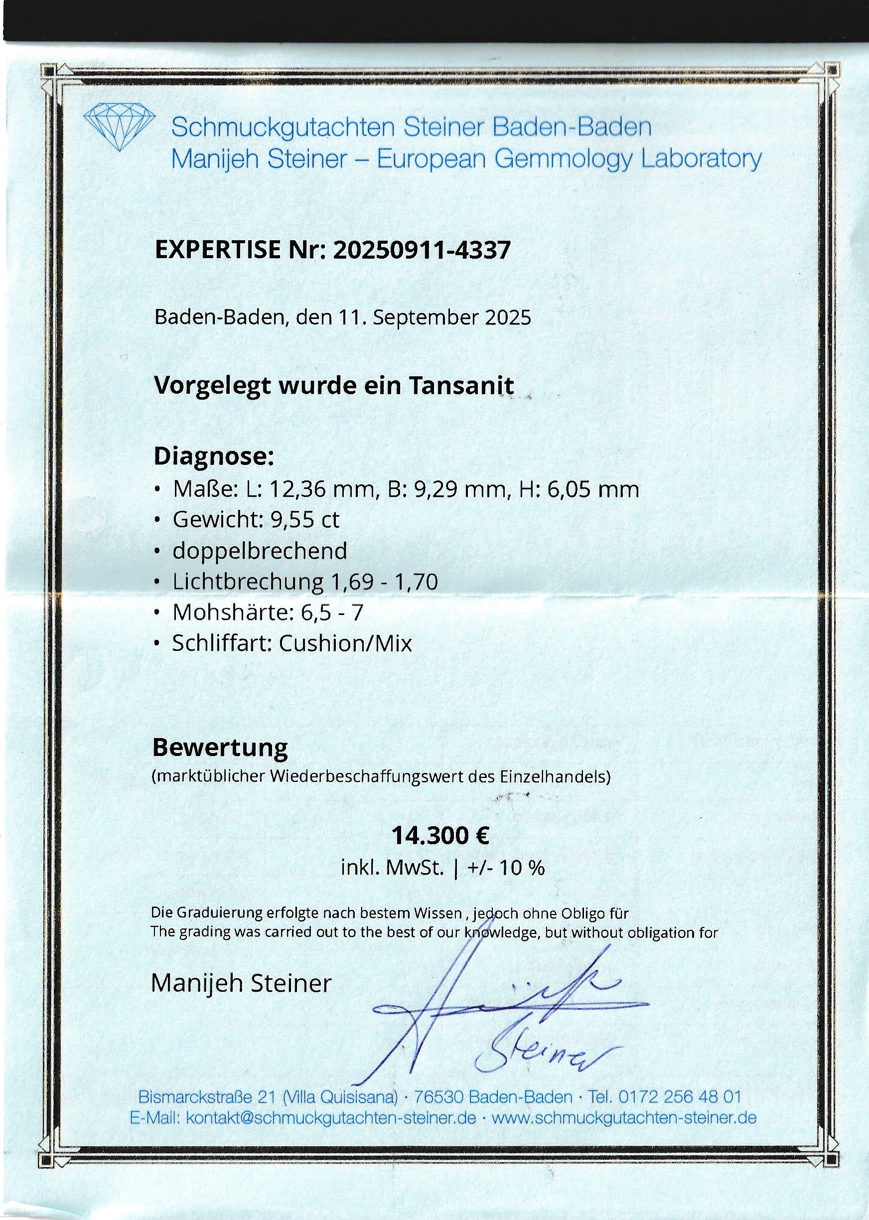 Detail c: Loser Tansanit, 9.55 ct, 12.36 x 9.29 x 6.05 mm, Cushion Cut, sehr schöne Farbe, ITLGJ -Zertifikat anbei, Wertgutachten über 14300 EUR anbei