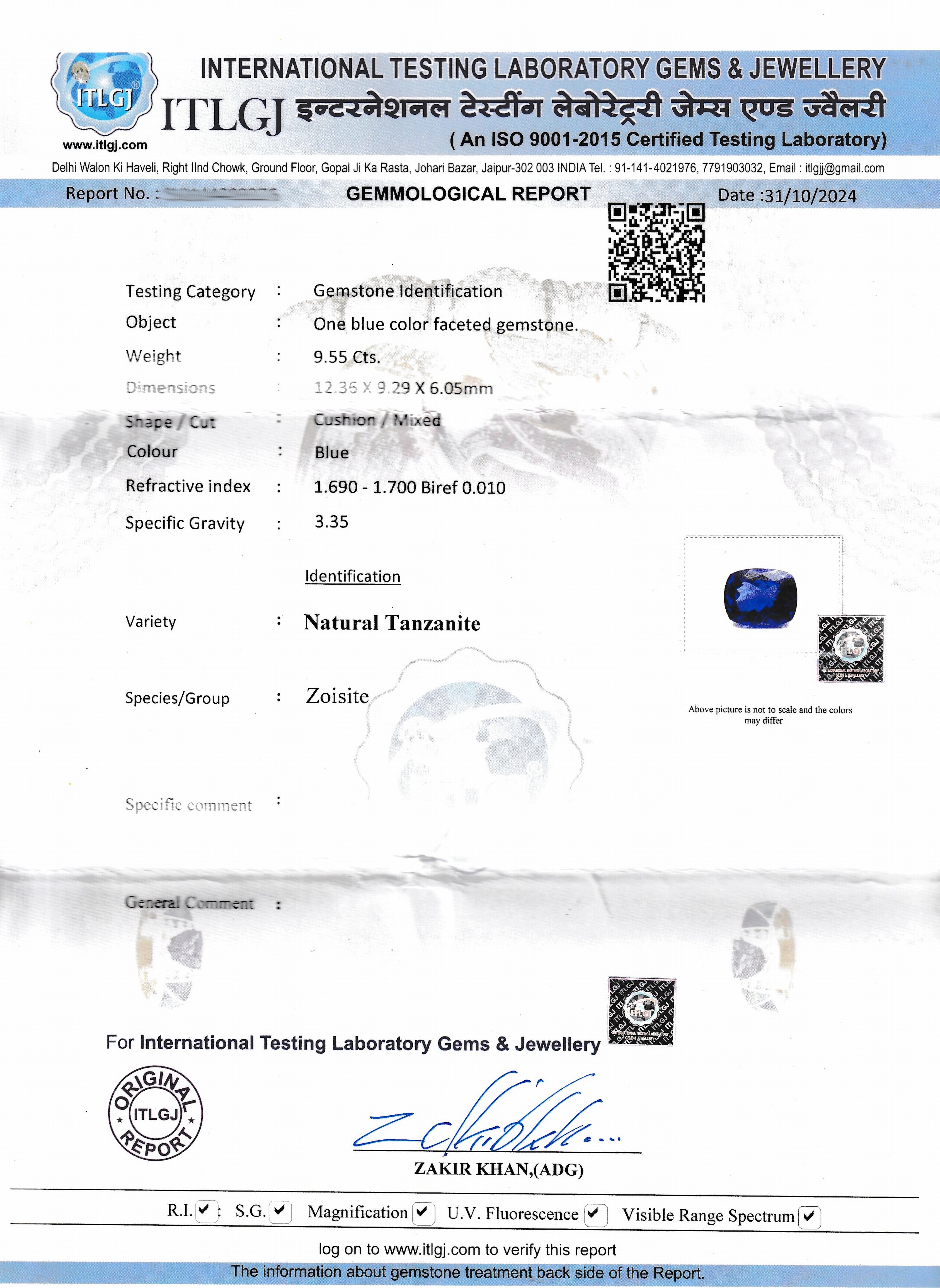 Detail d: Loser Tansanit, 9.55 ct, 12.36 x 9.29 x 6.05 mm, Cushion Cut, sehr schöne Farbe, ITLGJ -Zertifikat anbei, Wertgutachten über 14300 EUR anbei