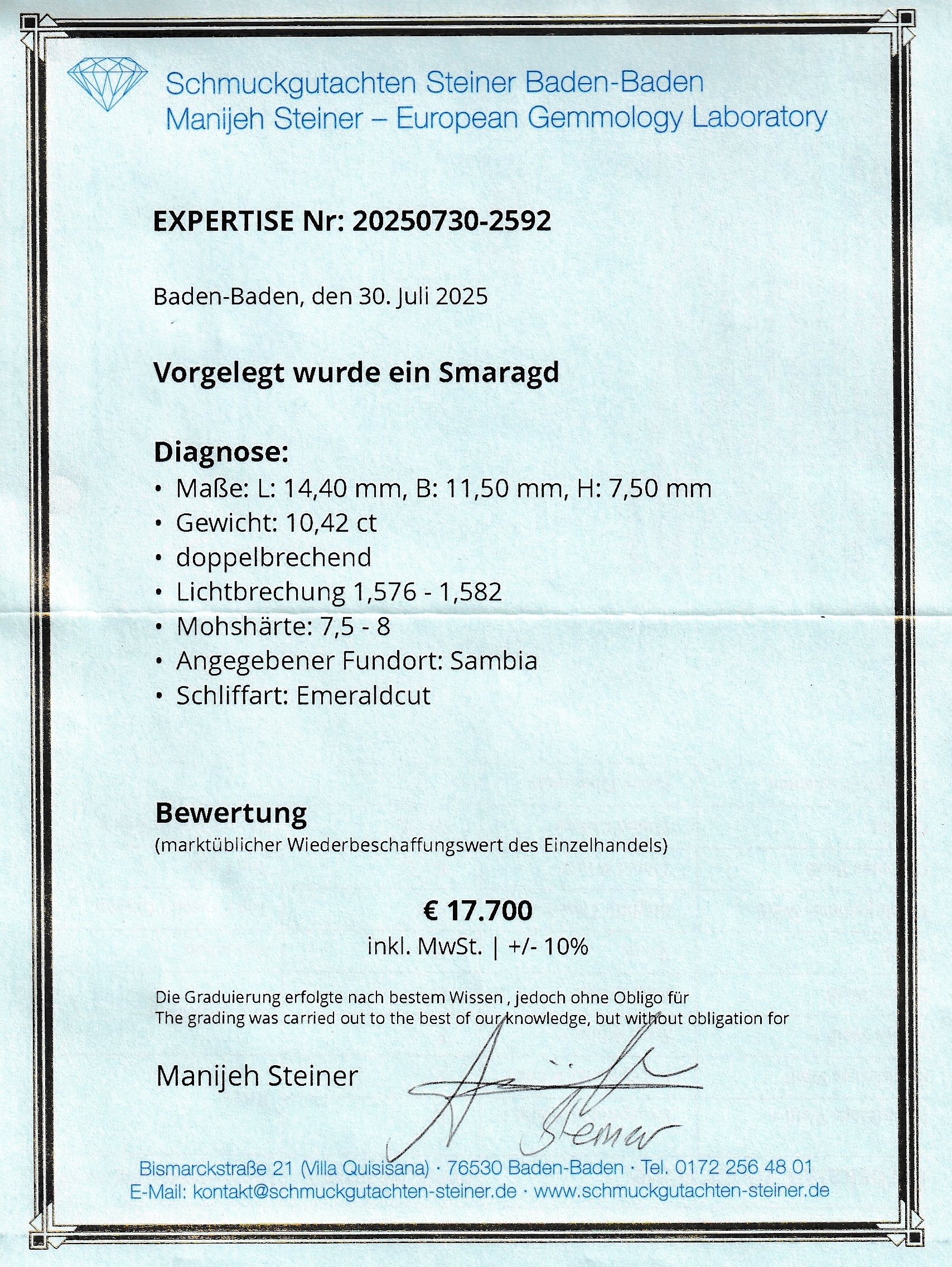 Detail c: Loser Smaragd, 10.42 ct, 14.4 x 11.5 x 7.5 mm,oktagonaler Treppenschliff, Herkunft Sambia, Wertgutachten über 17700 EUR anbei