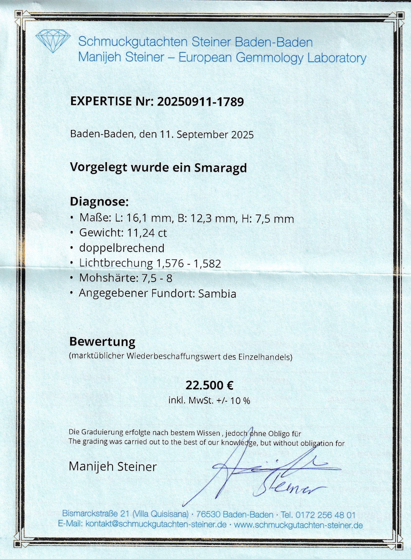 Detail c: Loser Smaragd, 11.24 ct, 16.1 x 12.3 x 7.5 mm,Cushion Cut, Herkunft Sambia, Wertgutachten über 22500 Euro anbei