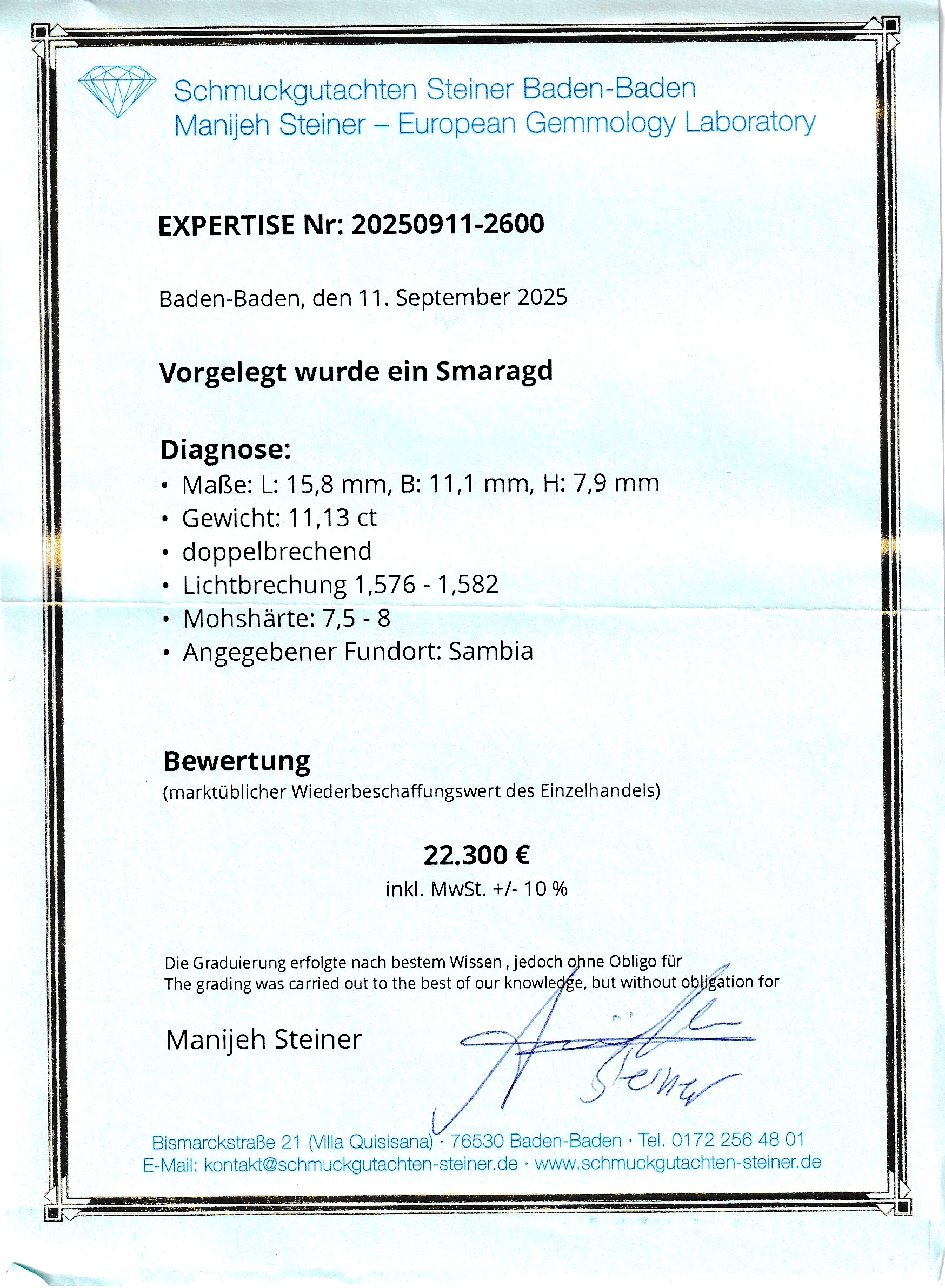 Detail d: Loser Smaragd, 11.13 ct, 15.8 x 11.1 x 7.9 mm,oktagonaler Treppenschliff, Herkunft Sambia, Wertgutachten über 22300 EUR anbei