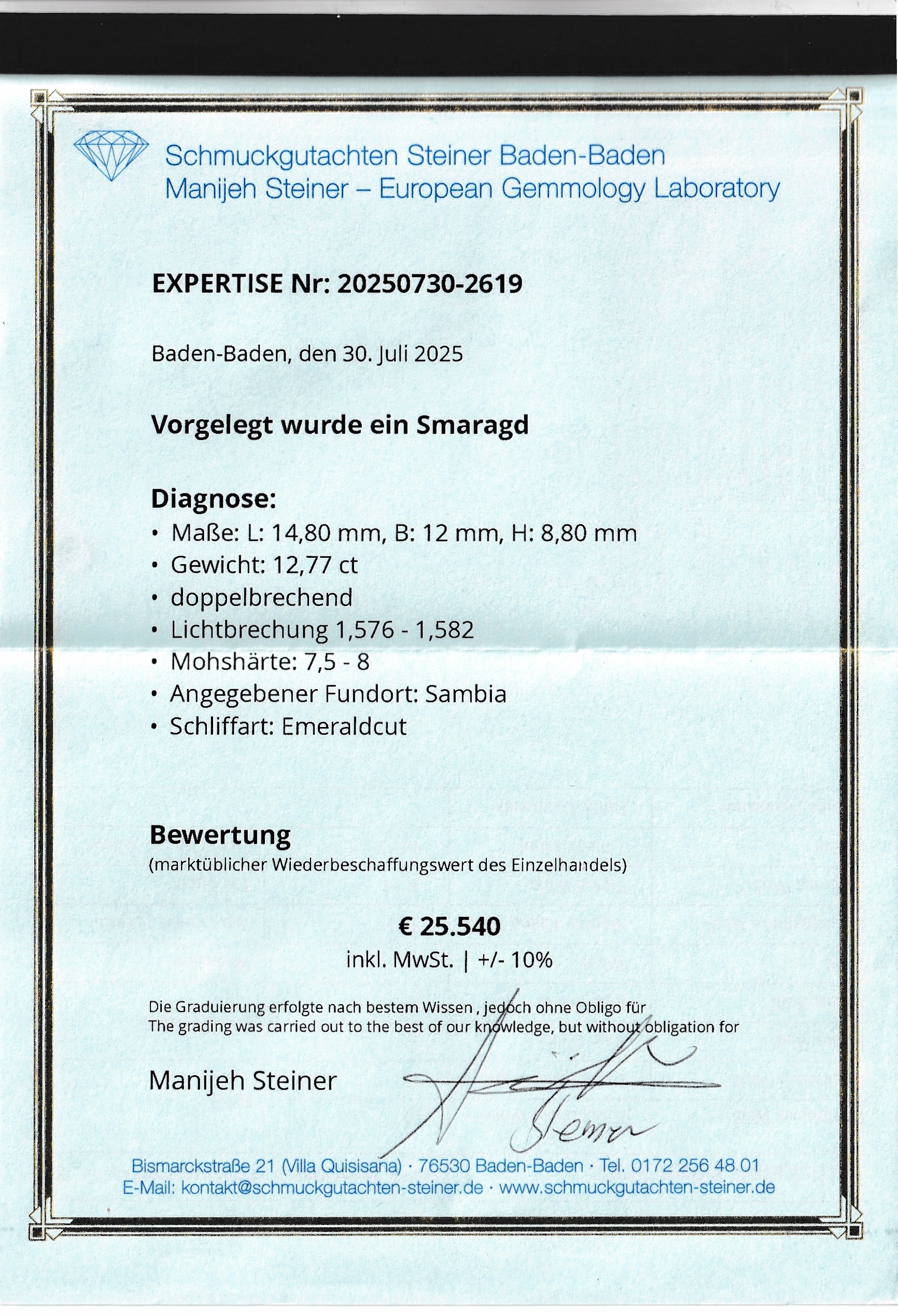 Detail c: Loser Smaragd, 12.77 ct, 14.8 x 12 x 8.8 mm, oktagonaler Treppenschliff, Herkunft Sambia, Wertgutachten über 25540 EUR anbei