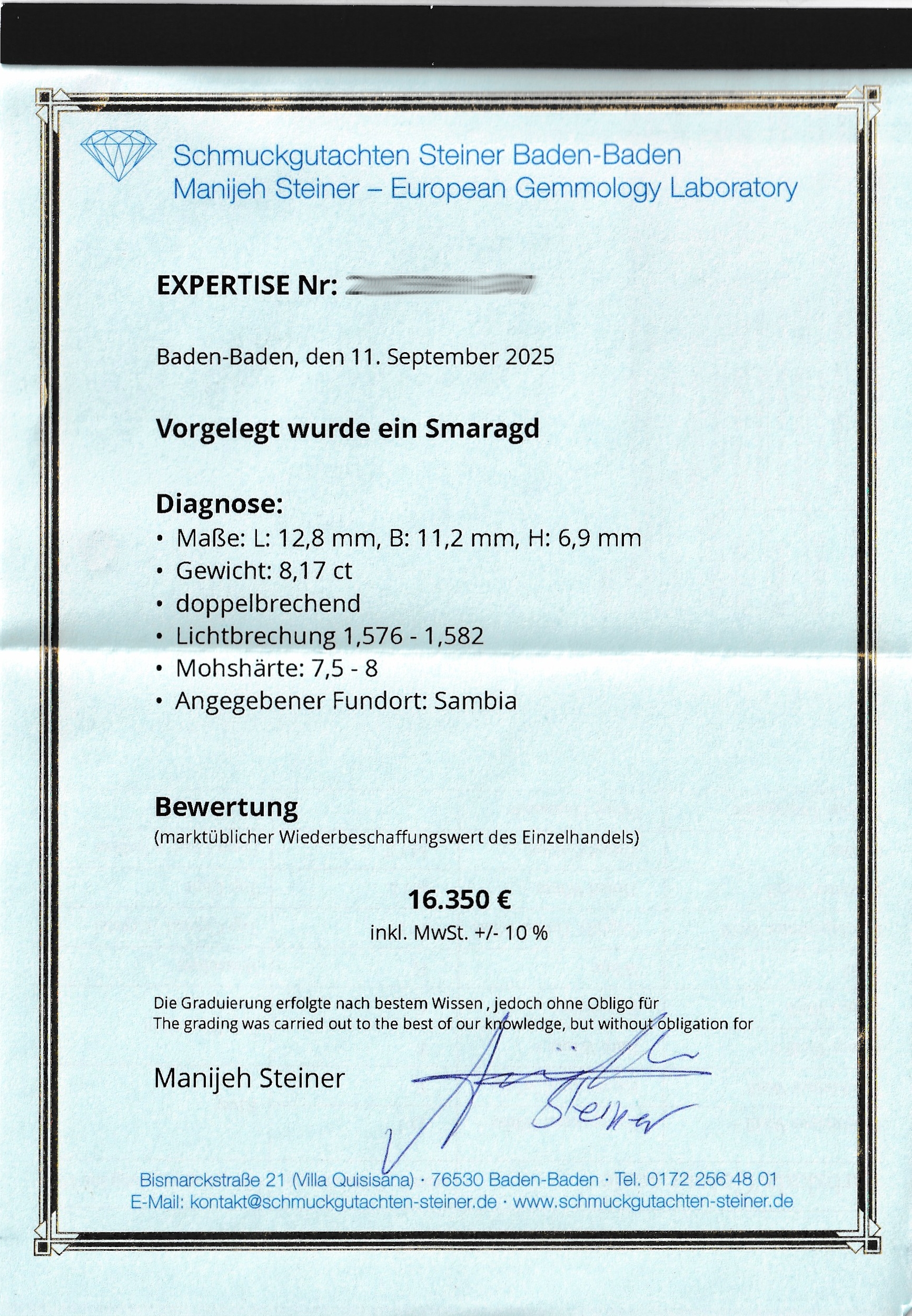 Detail c: Loser Smaragd, 8.17 ct, 12.8 x 11.2 x 6.9 mm, oktagonaler Treppenschliff, Herkunft Sambia, Wertgutachten über 16350 EUR anbei