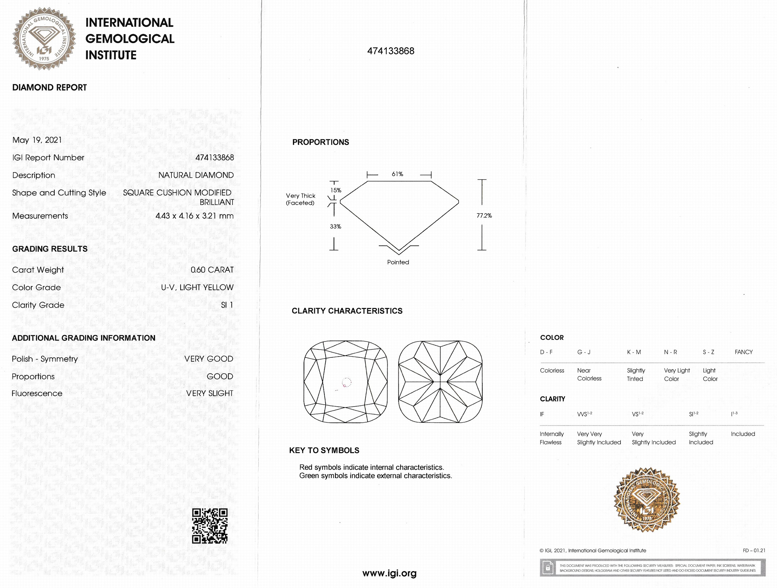 Detail a: Loser Diamant 0.60 ct, Light Yellow (U-V)/si1,modified Square Cushion Cut, verschweißt, IGI Expertise
