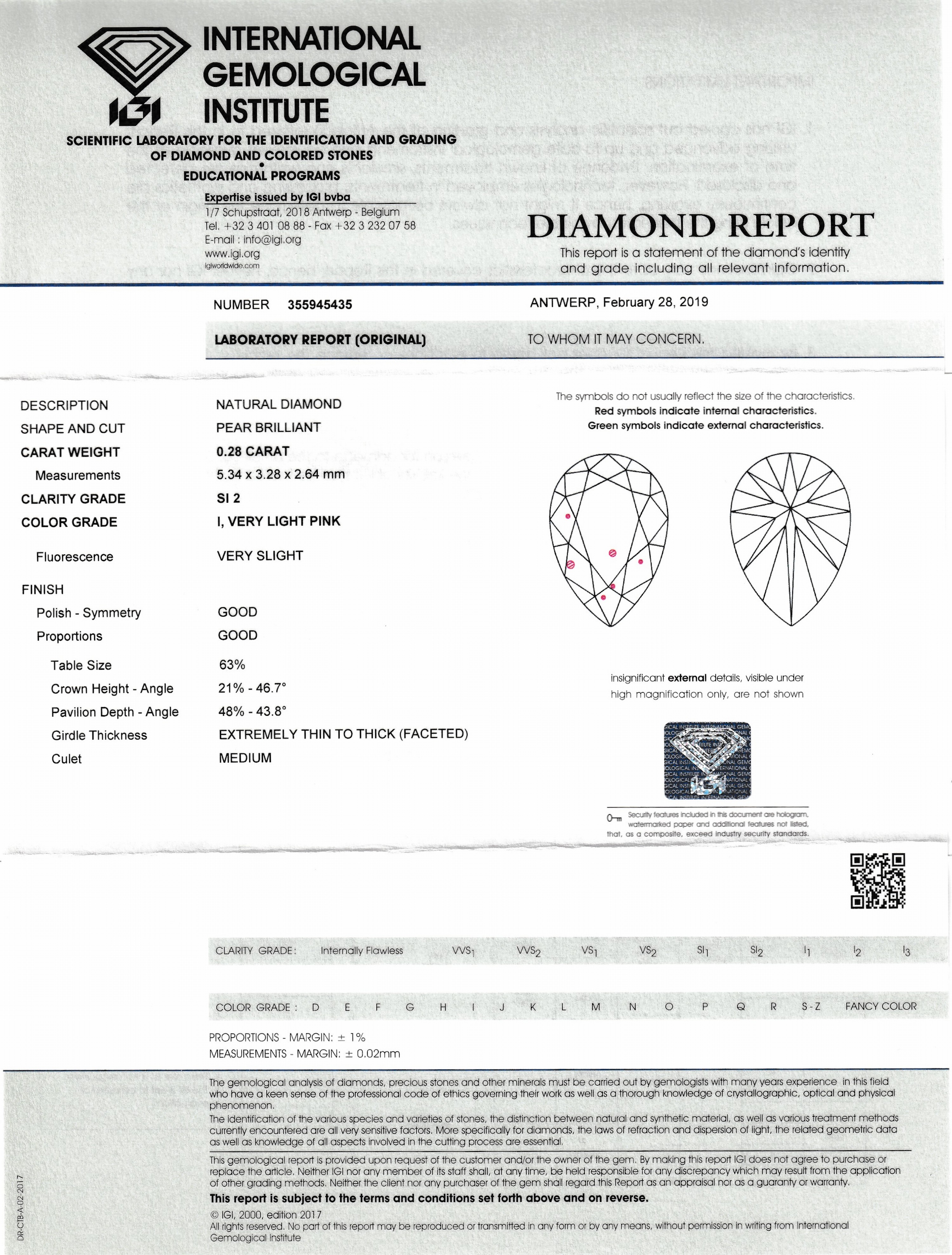 Detail a: Loser Diamant-Tropfen, 0.28 ct Very Light Pink/si2, verschweißt, IGI Expertise
