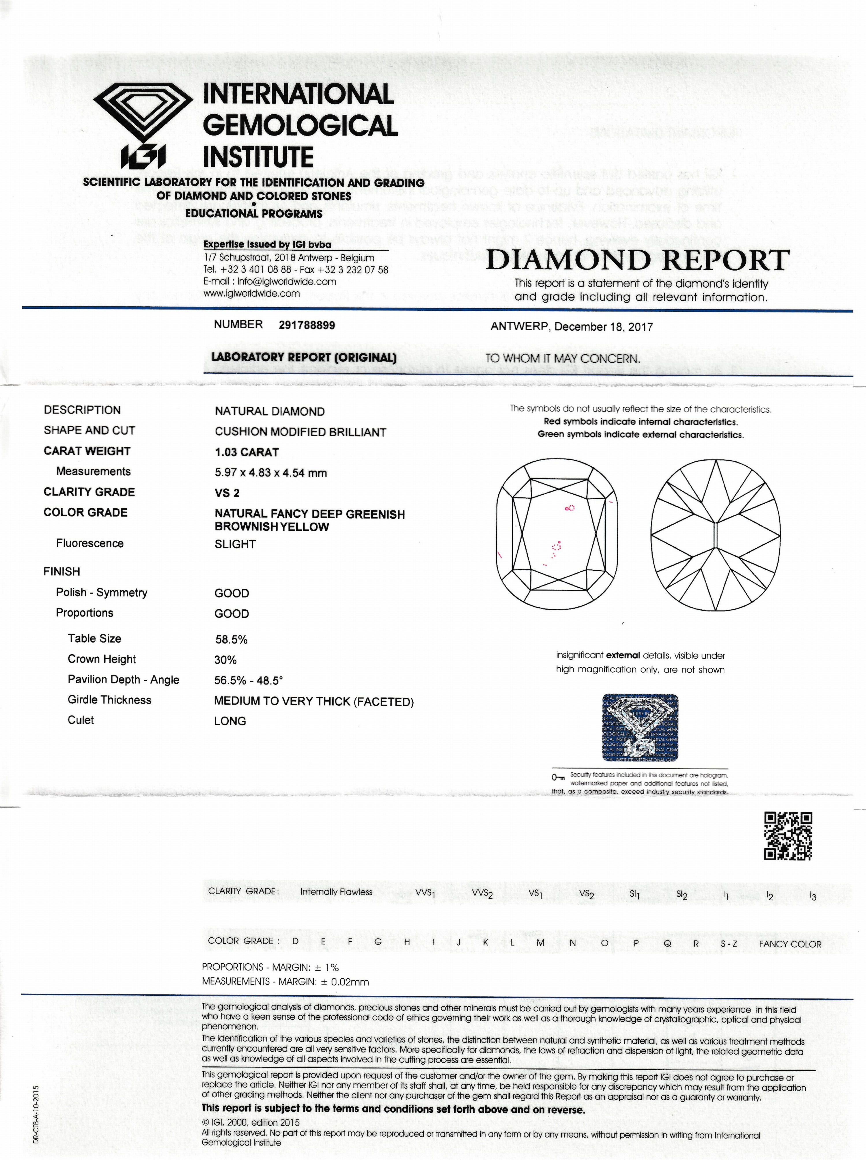 Detail a: Loser Diamant im Cushion-Cut, 1.03 ct Natural Fancy Deep Greenish Brownish Yellow/vs2, verschweißt, IGI Expertise