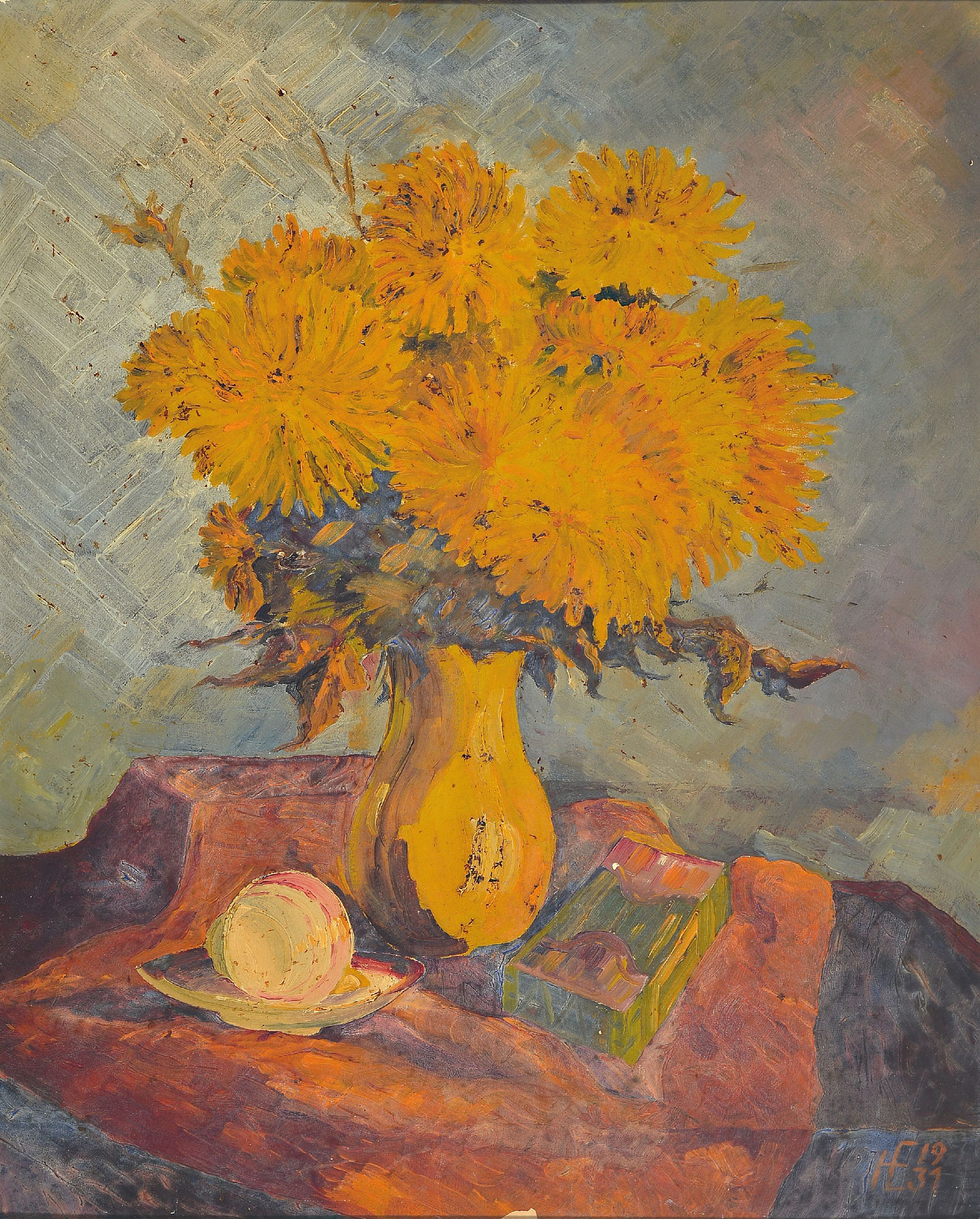 Image 27048188 - Uninterpreted Monogramist HE, dated 1931, Still life with flowers with cup and ...