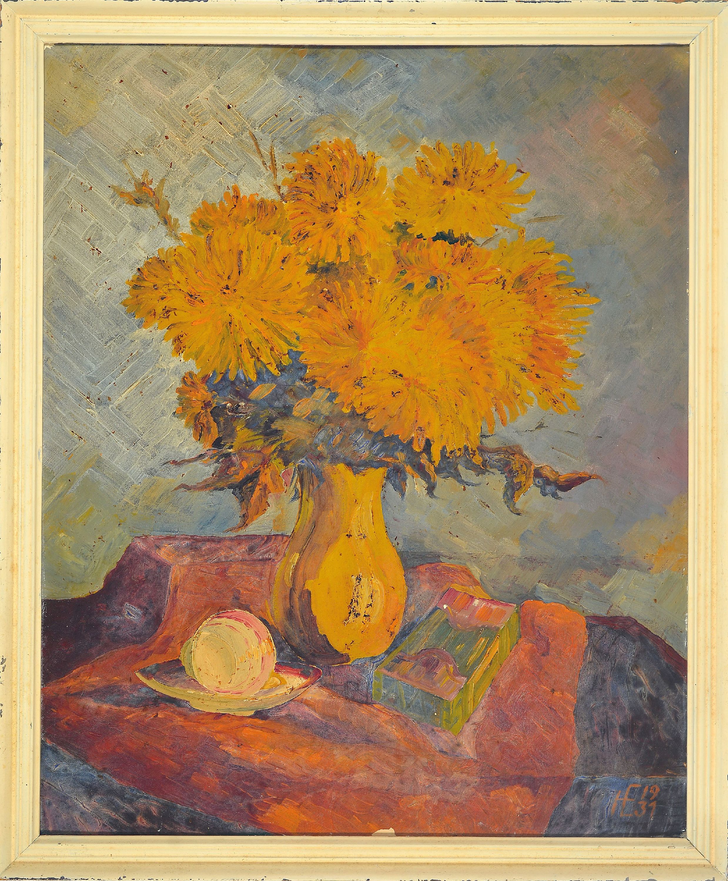 Detail k: Ungedeuteter Monogrammist HE, datiert 1931, Blumenstillleben mit Tasse und Zigarettenschachtel, rechts unten monogrammiert und datiert, Öl/Platte, ...
