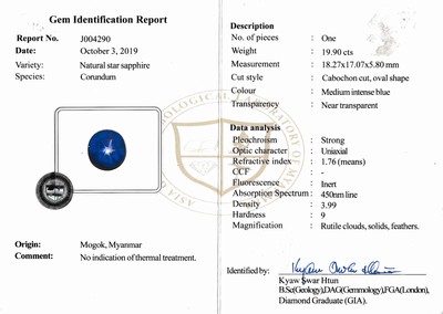 27048121b - Loose star sapphire, 19.90 ct , cabochon, 18.27 x 17.07 x 5.80 mm, origin Mogok/Myanmar, ...