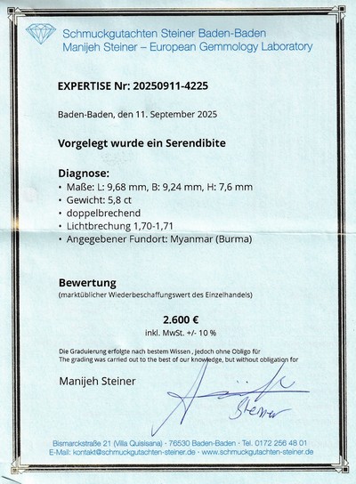 27048122b - Loser Serendibit, 5.184 ct, 9.68 x 9.24 x 7.60 mm, Herkunft Myanmar (Burma), AGL ...