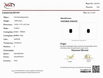 27048123c - Loose Painite, 3.638 ct , 10.56 x 7.47 x 4.67 mm, nick origin Myanmar, Cushion Cut, AGL ...