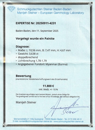 27048123d - Loose Painite, 3.638 ct , 10.56 x 7.47 x 4.67 mm, nick origin Myanmar, Cushion Cut, AGL ...