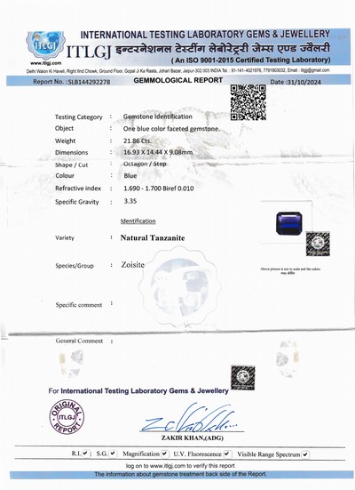 27048125e - Loser Tansanit, 21.864 ct, oktagonaler Treppenschliff, 16.90 x 14.50 x 9.01 mm, Reinheit ...
