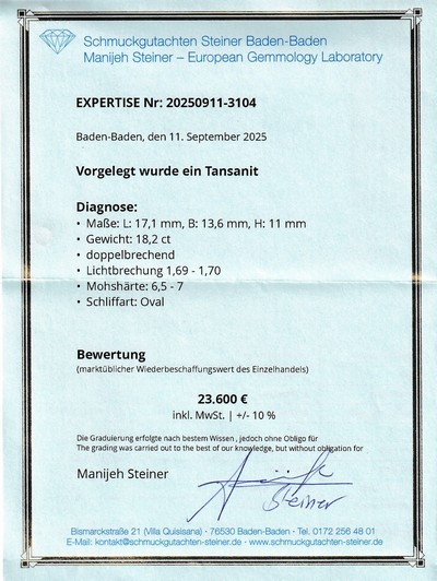 27048126d - Loser Tansanit, 18.2 ct, ovalfacett., 17.1 x 13.6 x 11 mm, sehr schöne Farbe, ...