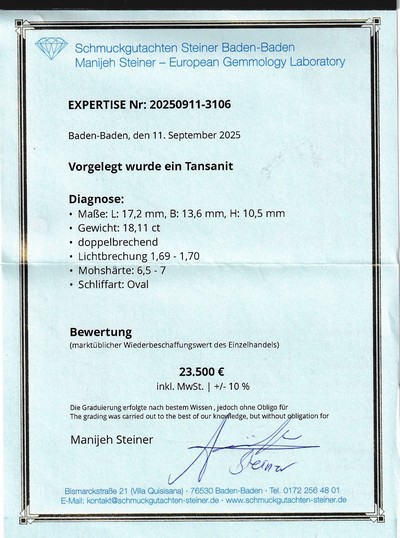 27048127d - Loser Tansanit, 18.11 ct, 13.59 x 17.10 x 10.45 mm, ovalfacett., sehr schöne Farbe, ...