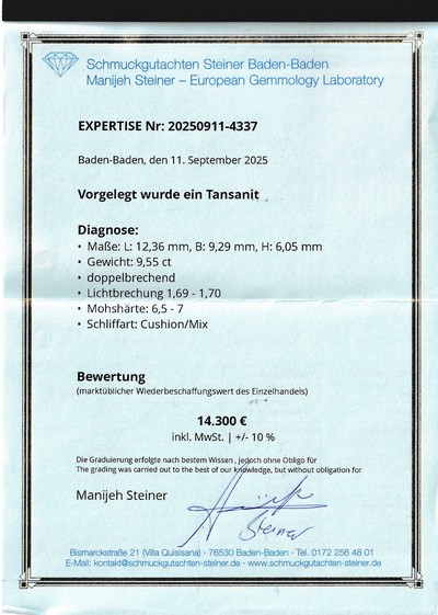 27048128c - Loser Tansanit, 9.55 ct, 12.36 x 9.29 x 6.05 mm, Cushion Cut, sehr schöne Farbe, ITLGJ ...