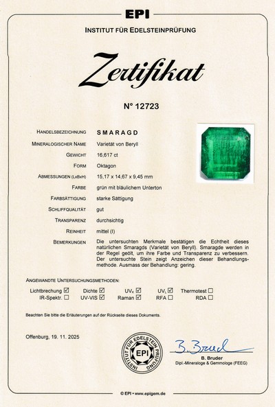 27048129d - Loose emerald, 16.617 ct , 15.17 x 14.67 x 9.45 mm, octagonal trap cut, origin Sambia, ...