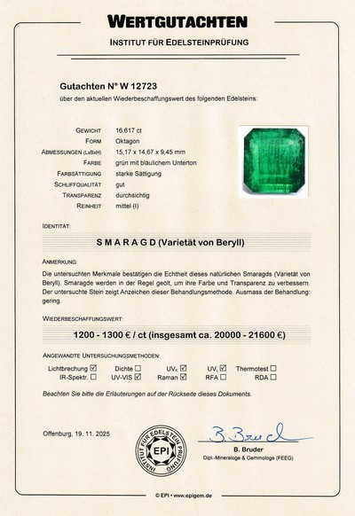 27048129e - Loose emerald, 16.617 ct , 15.17 x 14.67 x 9.45 mm, octagonal trap cut, origin Sambia, ...