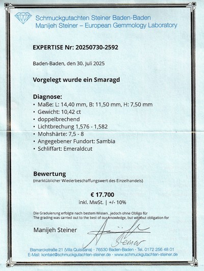 27048130c - Loser Smaragd, 10.42 ct, 14.4 x 11.5 x 7.5 mm,oktagonaler Treppenschliff, Herkunft ...