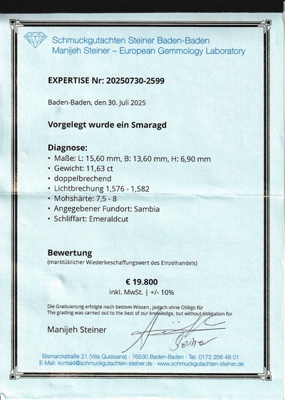 27048131c - Loser Smaragd, 11.63 ct, oktagonaler Treppenschliff, 15.6 x 13.6 x 6.9 mm, ...