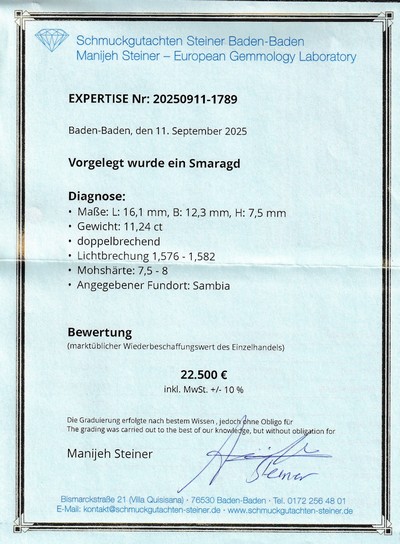 27048132c - Loser Smaragd, 11.24 ct, 16.1 x 12.3 x 7.5 mm,Cushion Cut, Herkunft Sambia, Wertgutachten ...