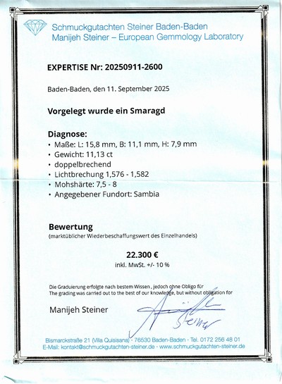 27048134d - Loser Smaragd, 11.13 ct, 15.8 x 11.1 x 7.9 mm,oktagonaler Treppenschliff, Herkunft ...