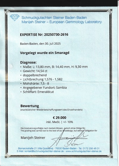 27048135c - Loser Smaragd, 14.54 ct, 13.8 x 14.4 x 9.3 mm, oktagonaler Treppenschliff, Herkunft ...