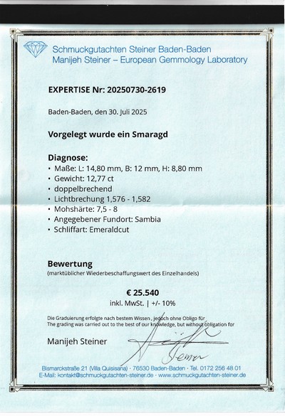 27048136c - Loser Smaragd, 12.77 ct, 14.8 x 12 x 8.8 mm, oktagonaler Treppenschliff, Herkunft Sambia, ...