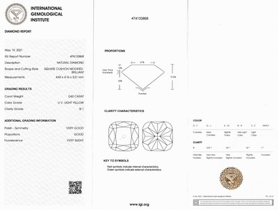 27048150a - Loser Diamant 0.60 ct, Light Yellow (U-V)/si1,modified Square Cushion Cut, verschweißt, ...