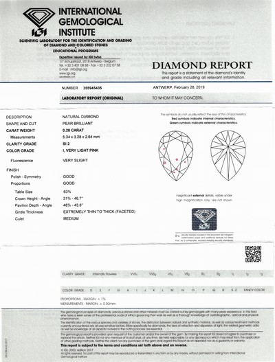 27048164a - Loser Diamant-Tropfen, 0.28 ct Very Light Pink/si2, verschweißt, IGI Expertise ...