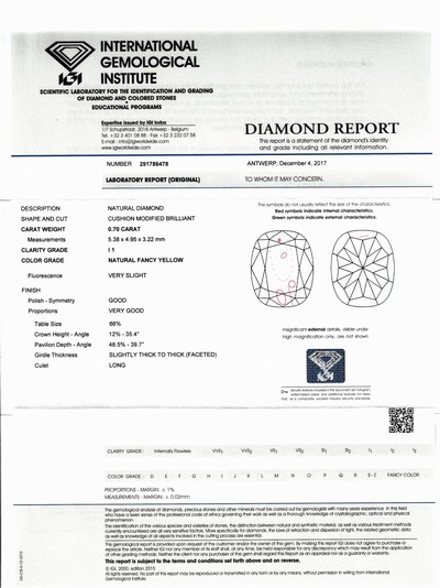27048172a - Loser Diamant im Cushion-Cut, 0.70 ct Natural Fancy Yellow/p1, verschweißt, IGI ...