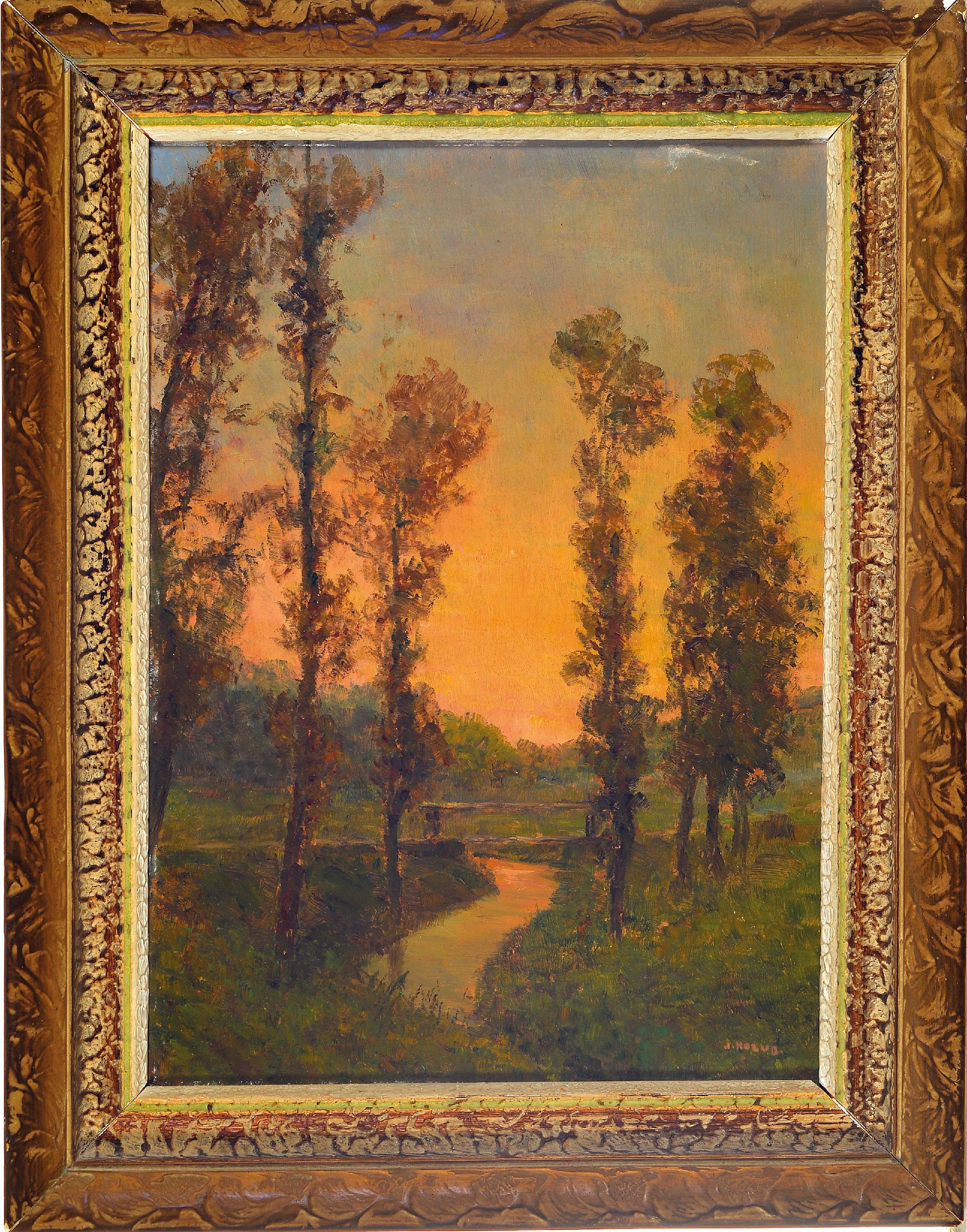 Detail k: Josef Holub, 1870 Slany-1957 Kvasiny, Flusslandschaft im Abendlicht, verso auf Künstleretikett bezeichnet (tschechisch, wohl ...