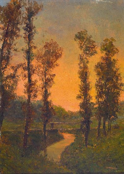 Image Josef Holub, 1870 Slany-1957 Kvasiny, Flusslandschaft im Abendlicht, verso auf ...