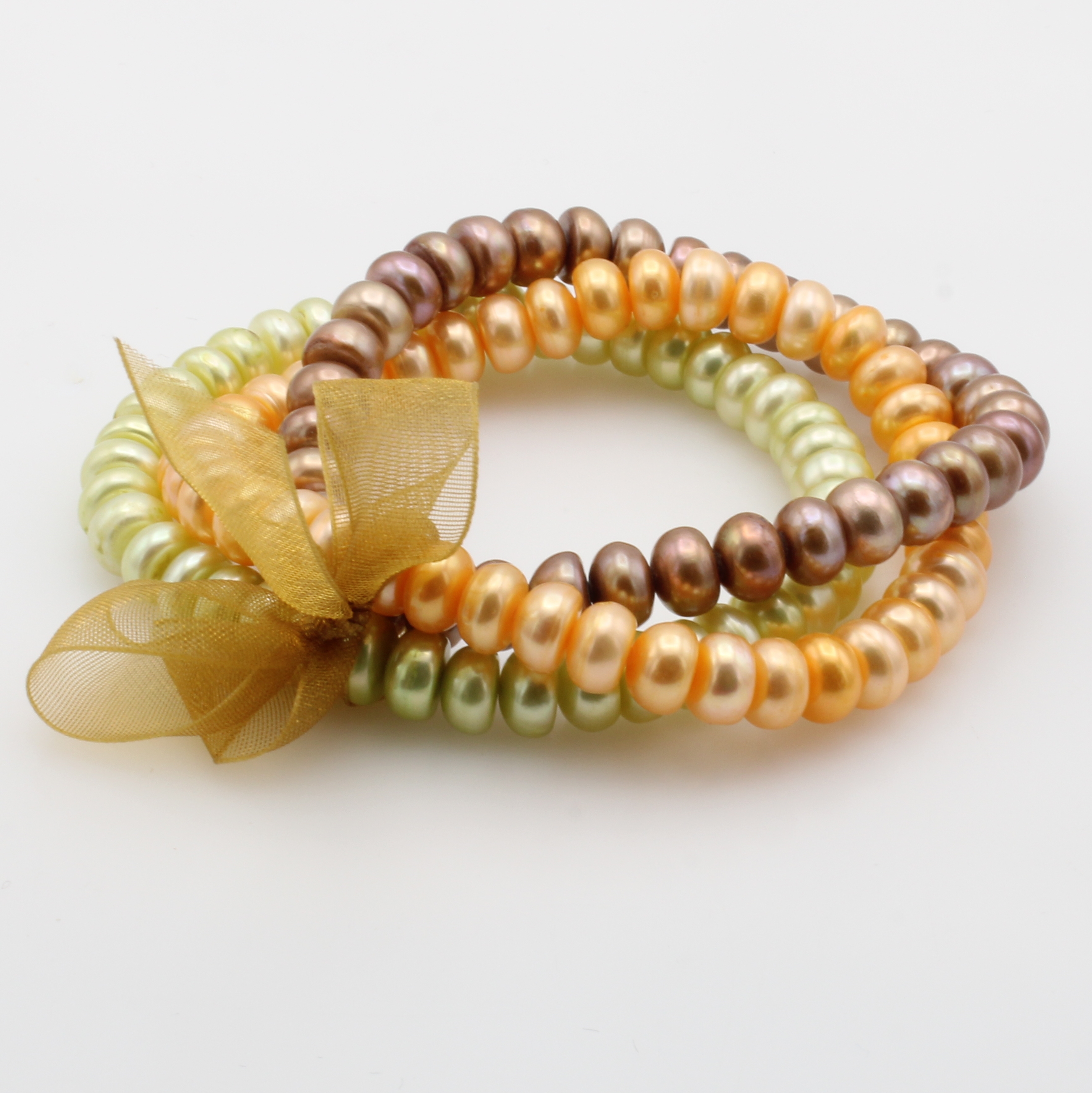 Image 27048396 - Set best. aus 3 Süßwasserzuchtperlenarmbänder, bouttonf., braune, orangef. u. grüne ...